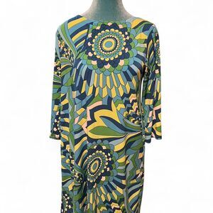 London-times Women's Green and blue psychedelic‎ 60s 3/4 sleeve shift dress boho